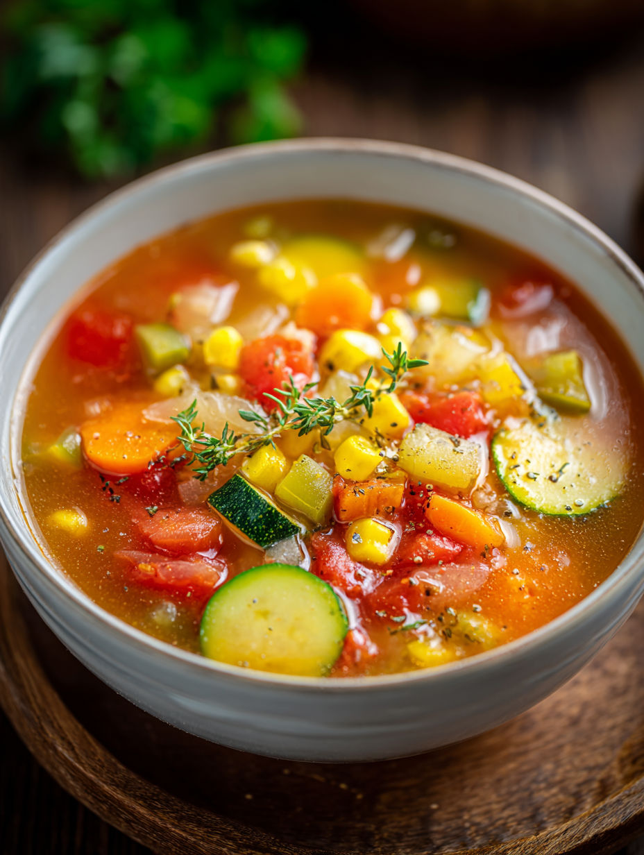 A bowl of vegetable soup with a variety of vegetables including tomatoes, corn, and zucchini.