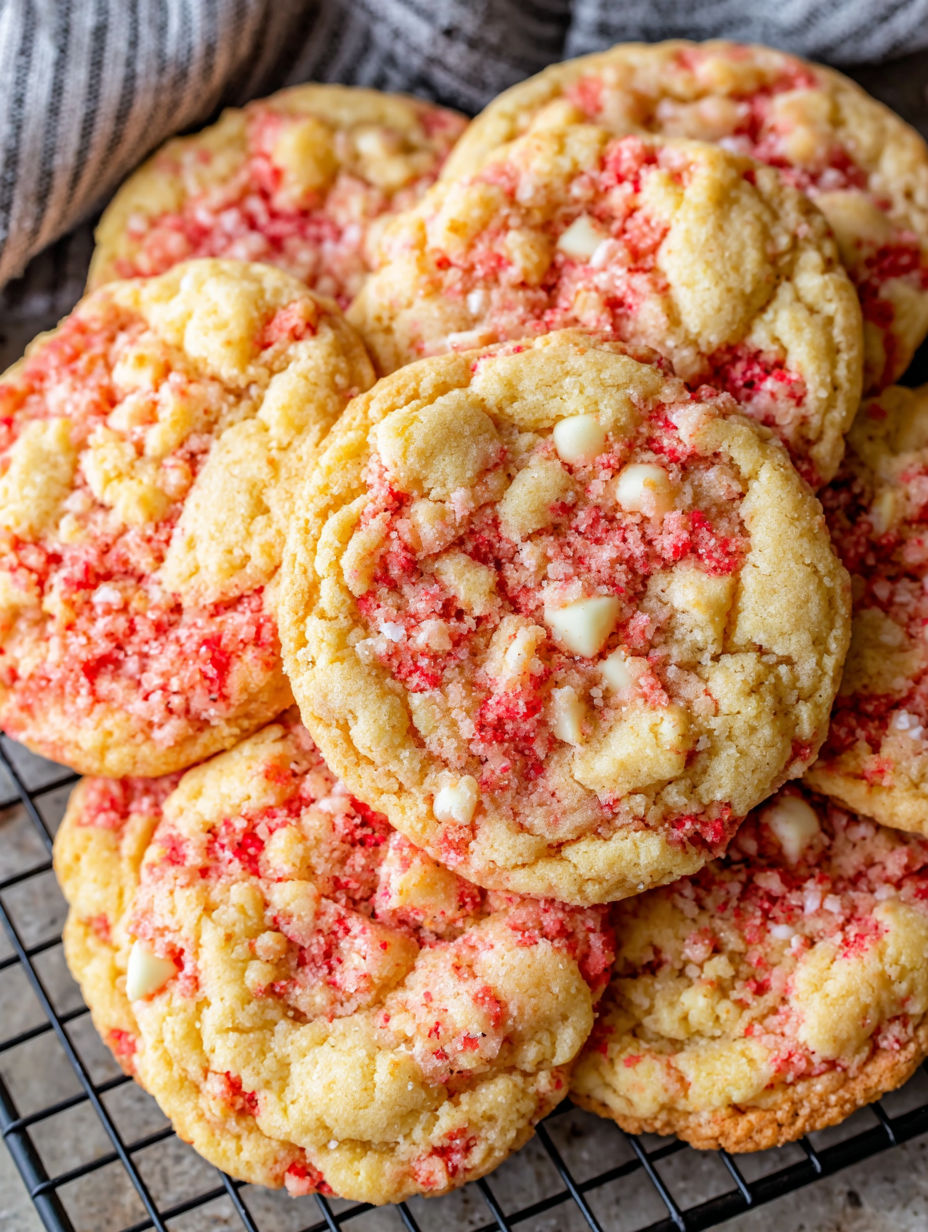A plate of red and white cookies.