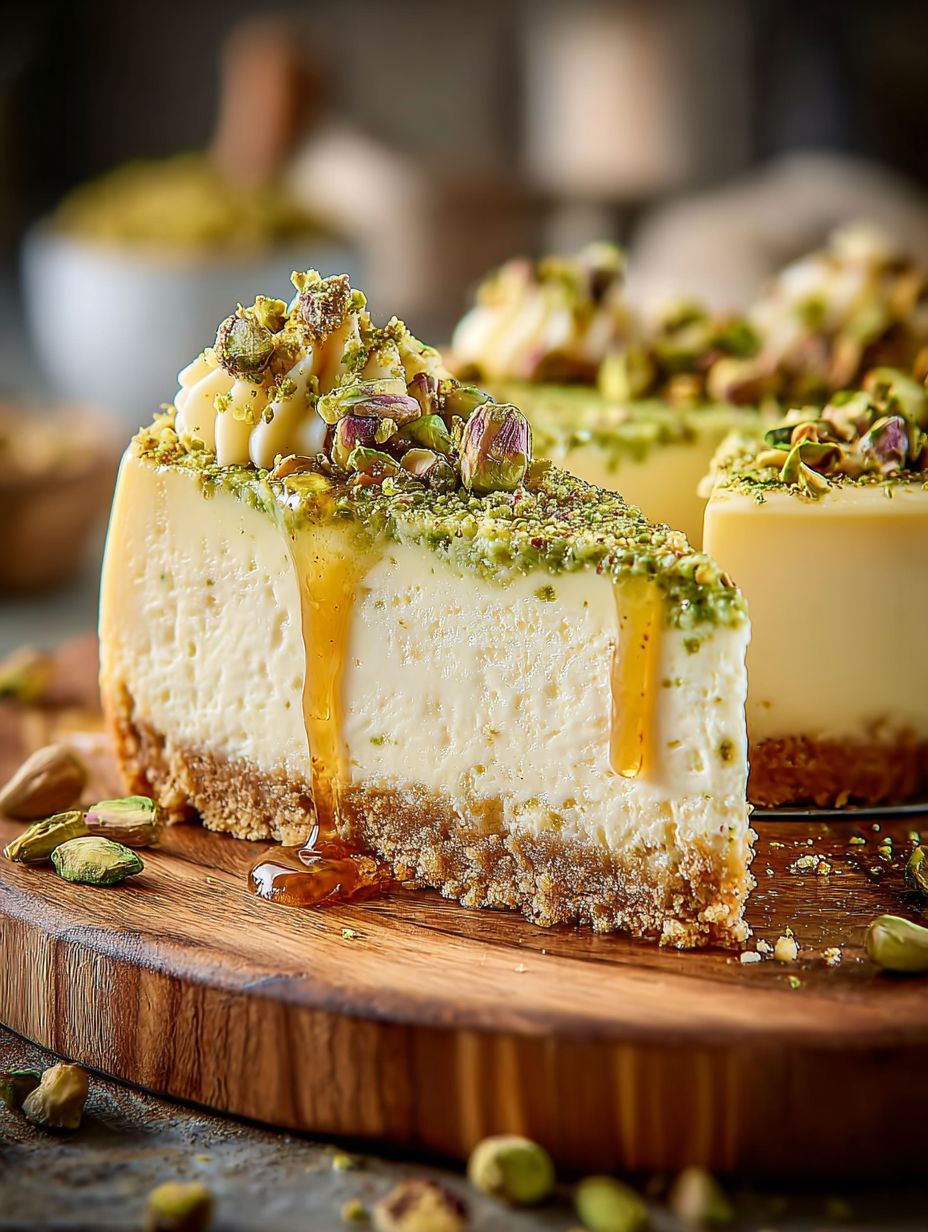 A slice of pistachio cheesecake with a drizzle of caramel.