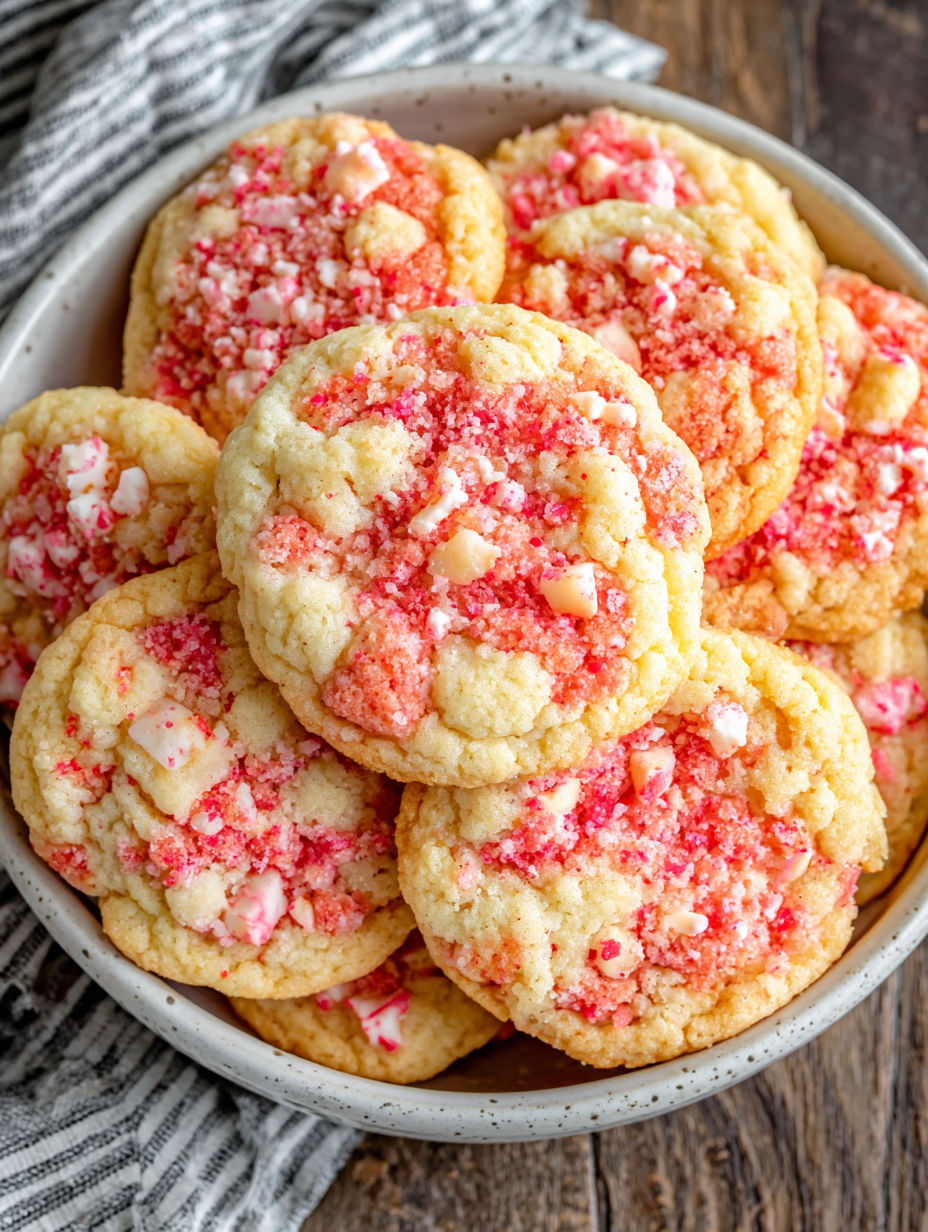 A bowl of red and white cookies.