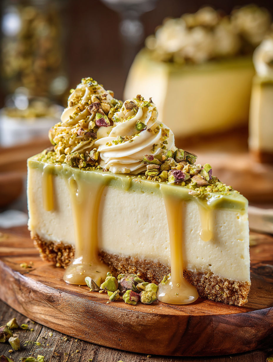 A slice of pistachio cheesecake with a drizzle of caramel sauce.