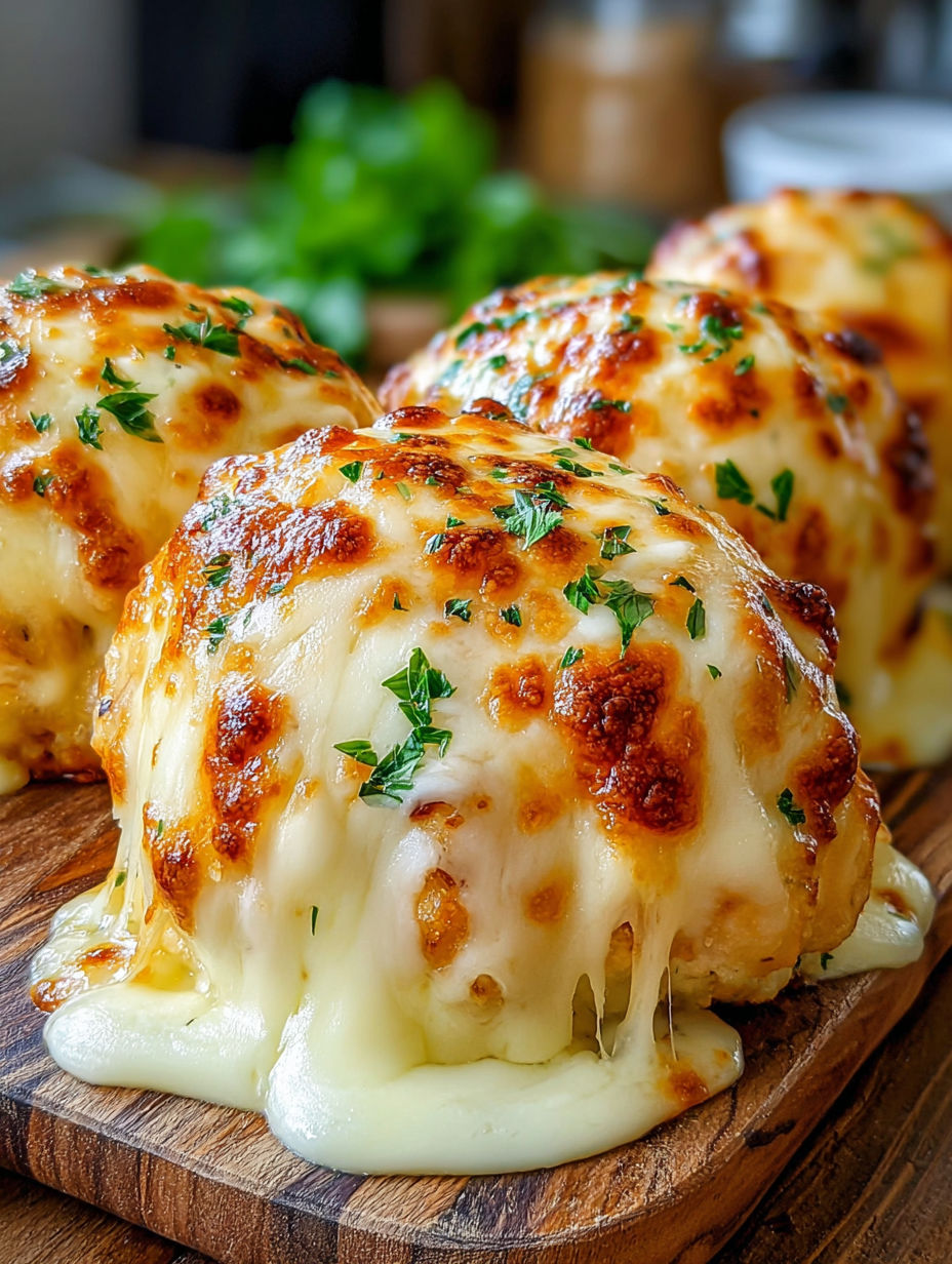Mozzarella and ranch chicken bombs on a wooden board.