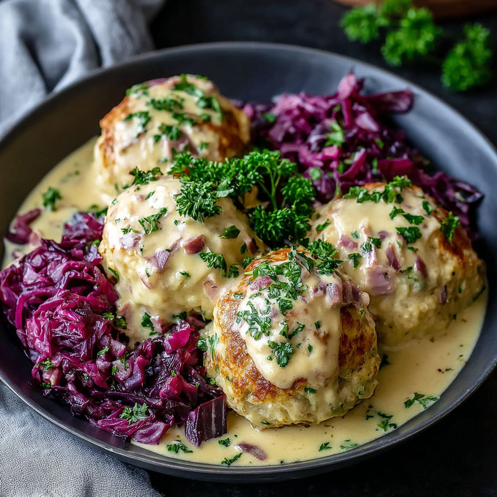 A plate of food with a sauce on top.