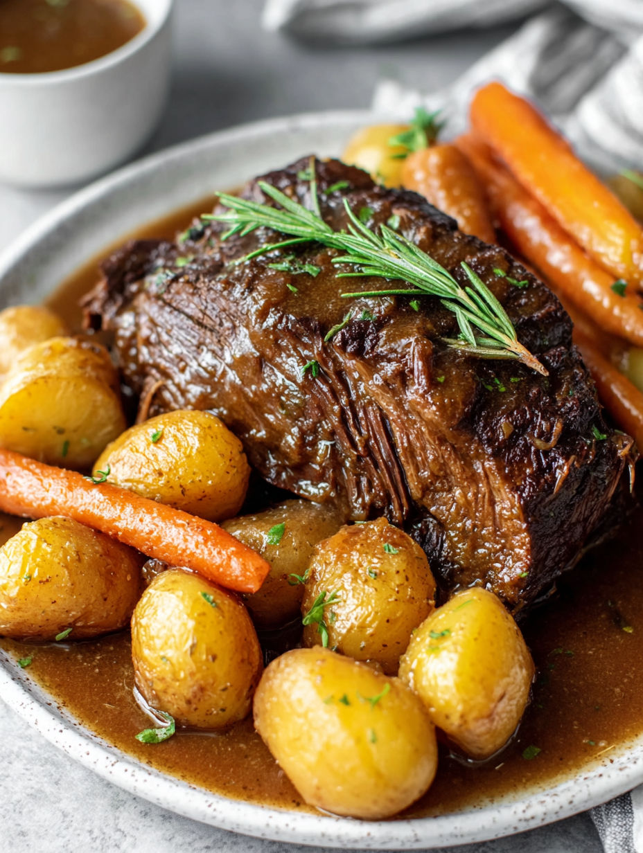 A roast beef dinner with potatoes and carrots.