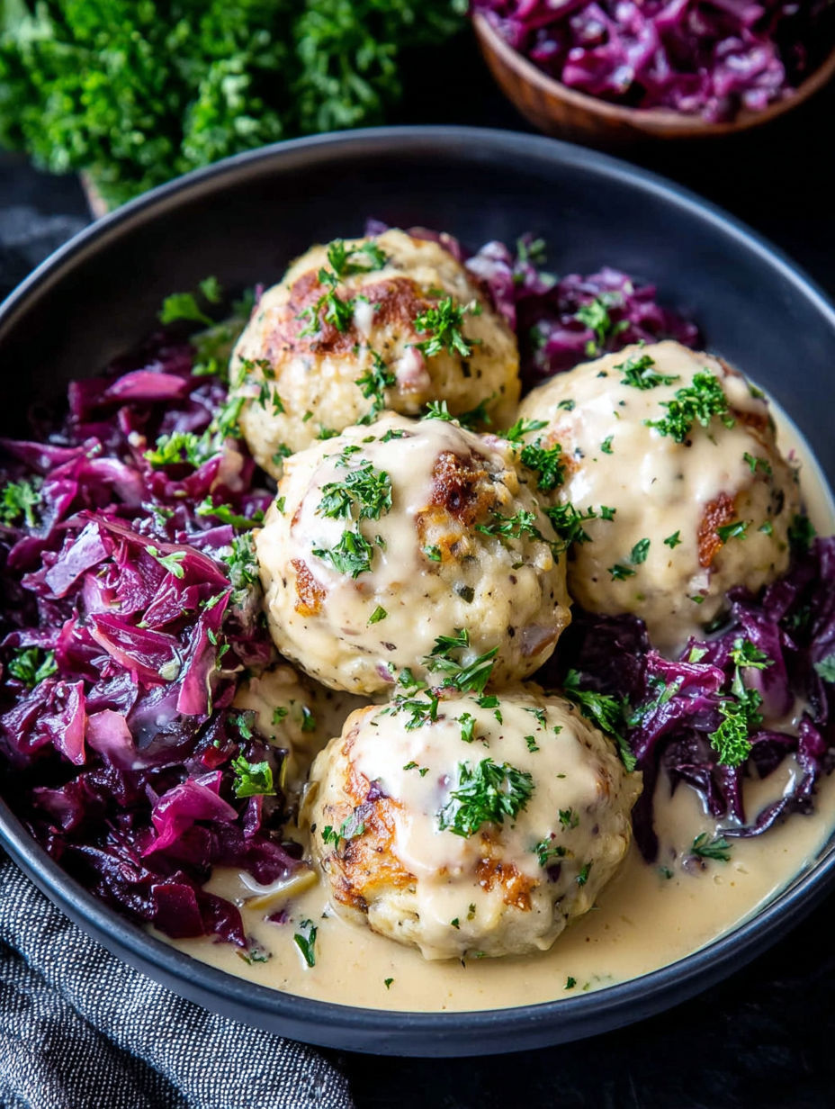 A bowl of food with sauce and vegetables.
