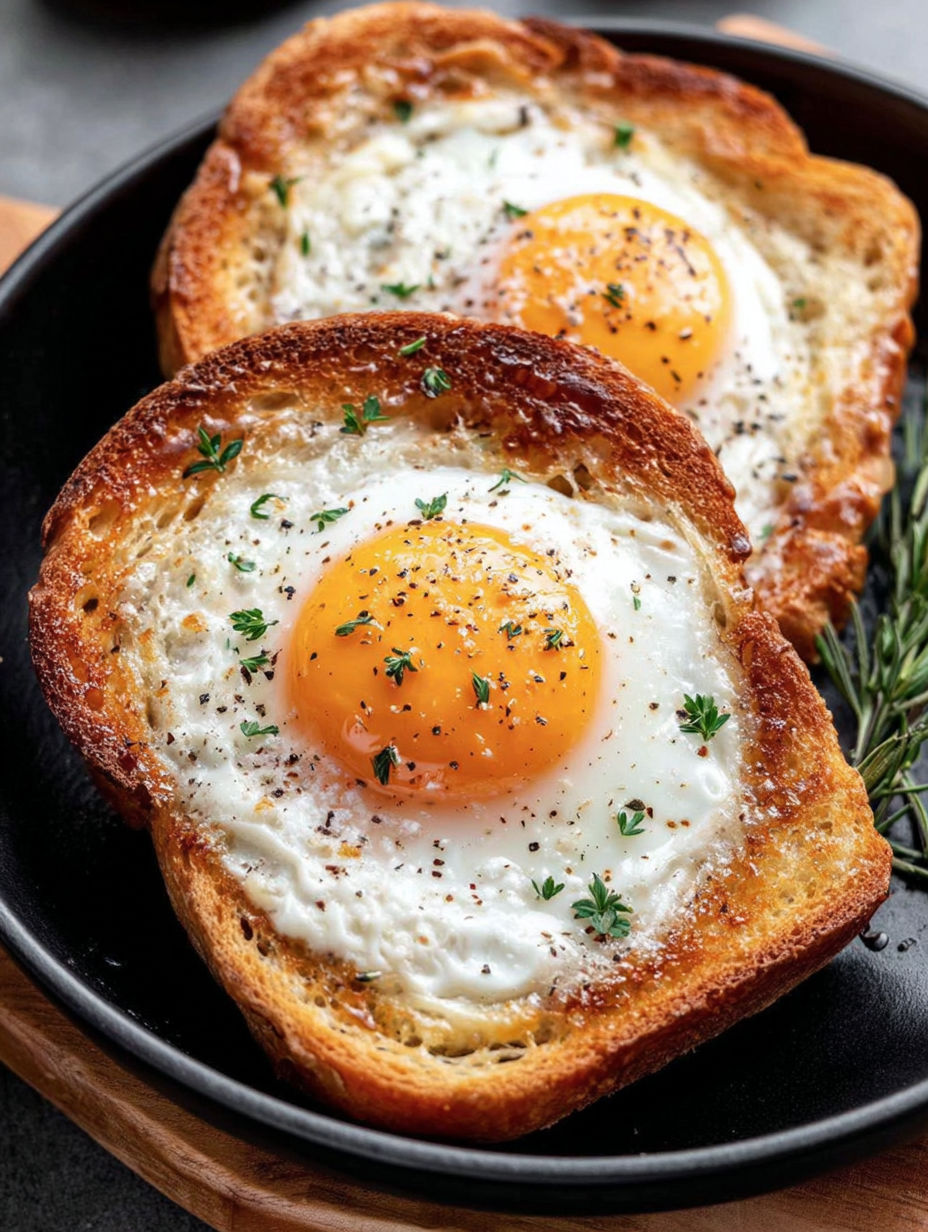 Two pieces of toast with eggs on top.