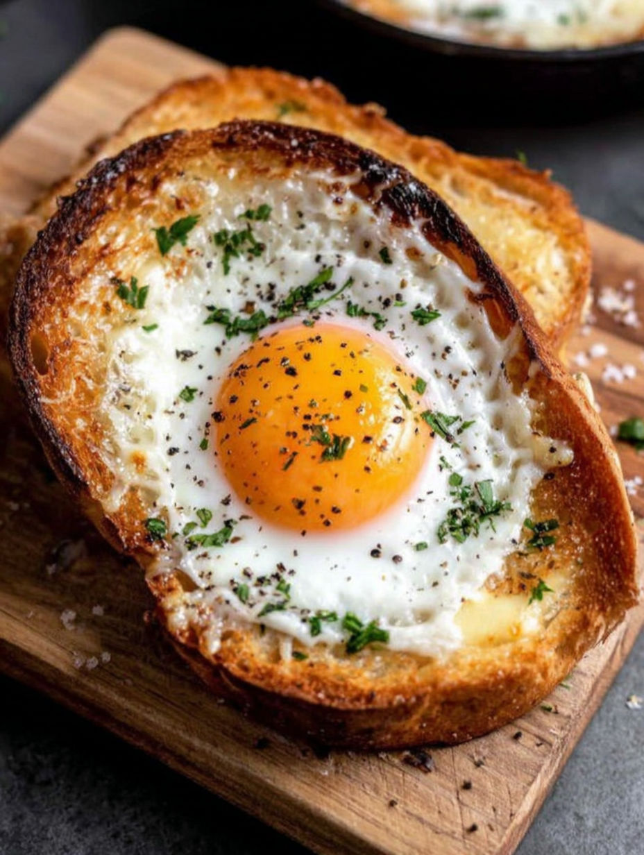 A fried egg in a piece of bread.