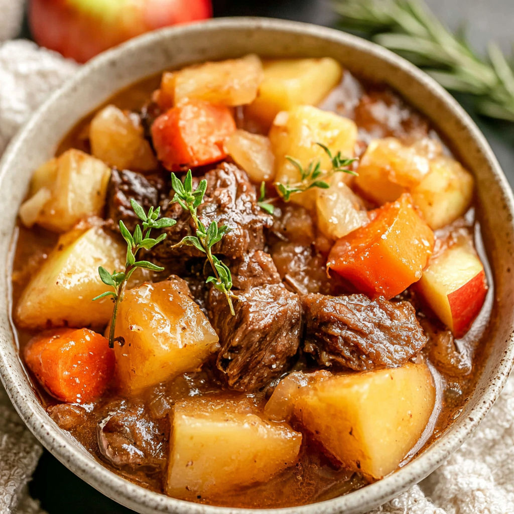 A bowl of stew with meat and vegetables.