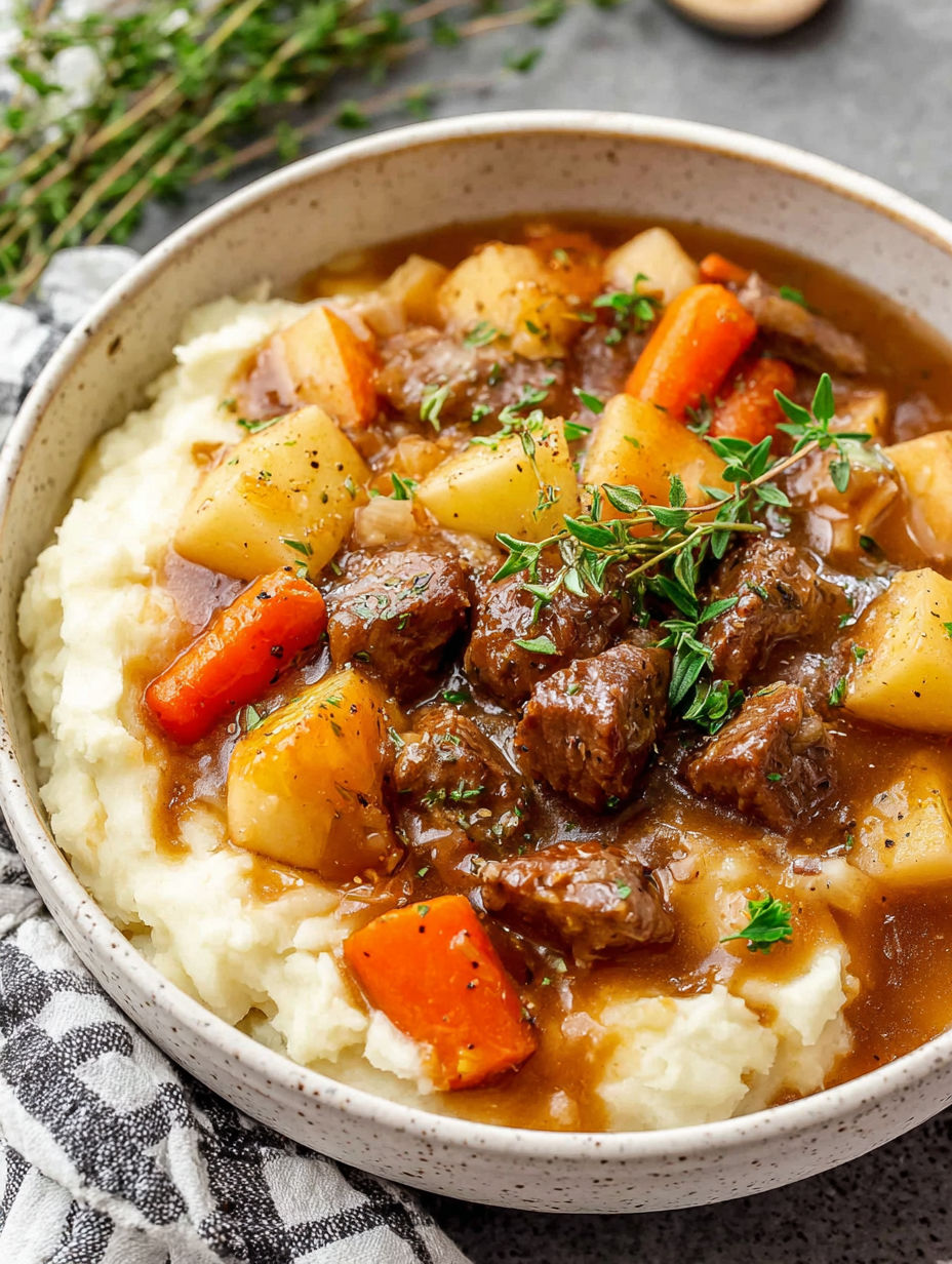 A bowl of stew with meat and vegetables.