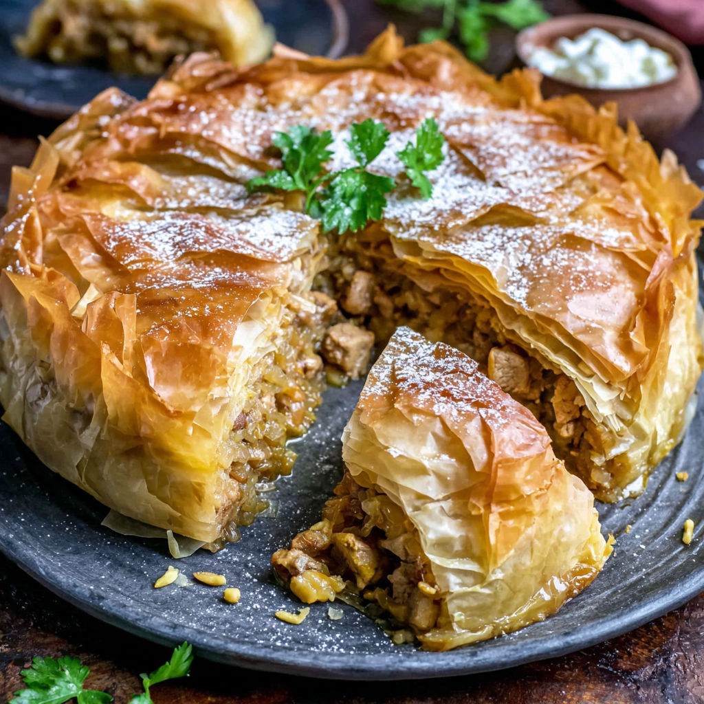 A slice of Moroccan Chicken Pastilla (Bastilla) on a plate.