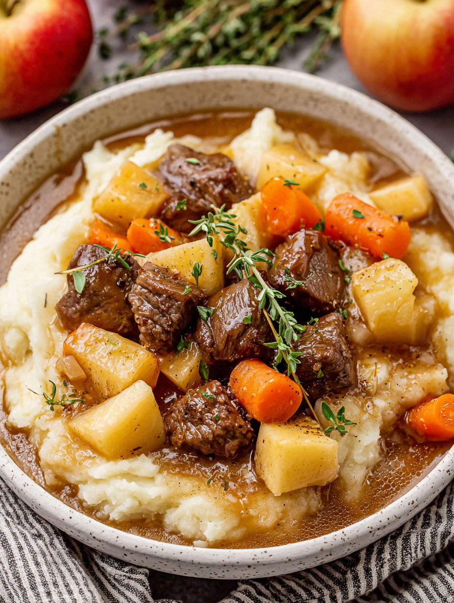 A bowl of food with meat and vegetables.