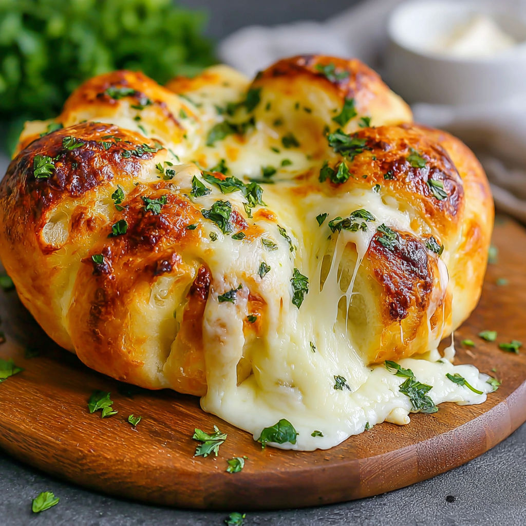 A giant mozzarella-stuffed garlic knot pizza bomb.