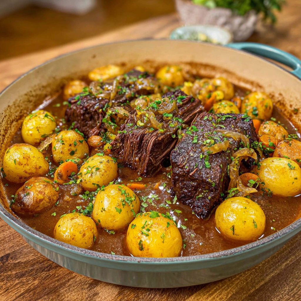 A pot of beef and potatoes.