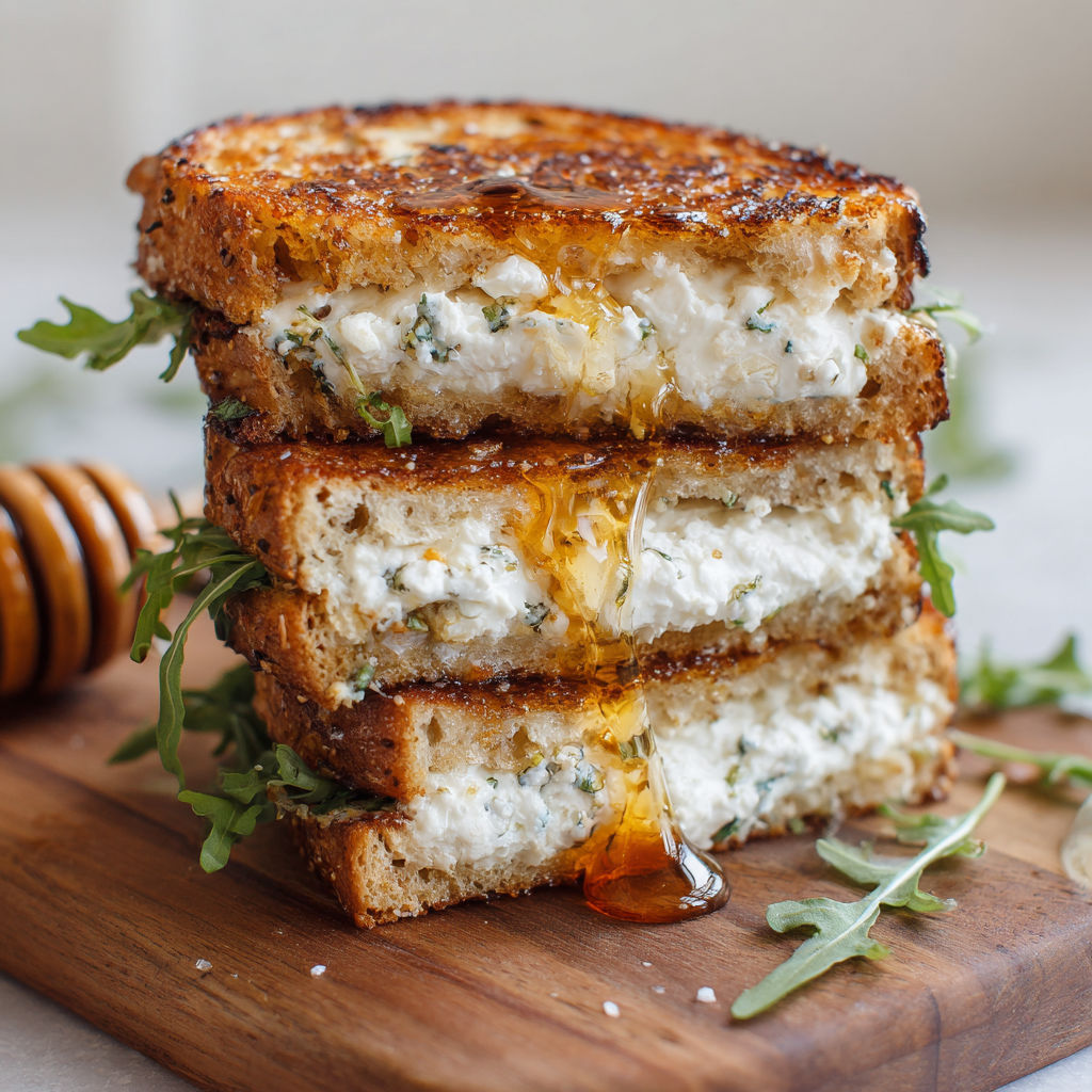 A stack of grilled cheese sandwiches with honey drizzled on top.
