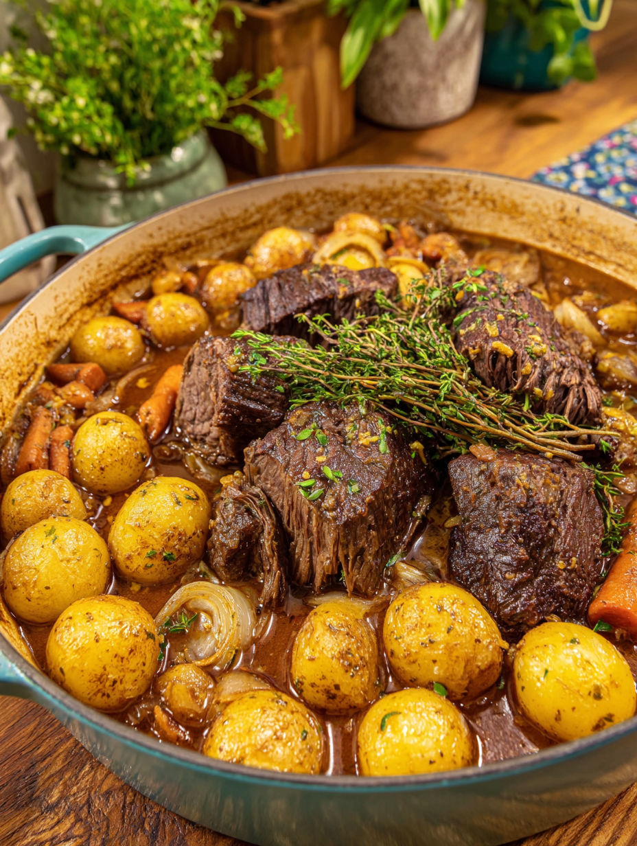 A pot of beef stew with potatoes and herbs.