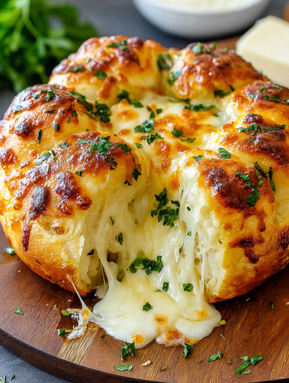 A cheese-filled bread with a slice missing.