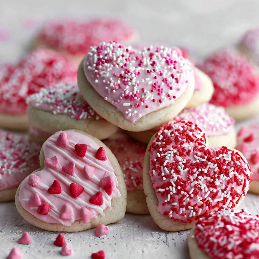 A pile of heart shaped cookies with pink icing and red sprinkles.