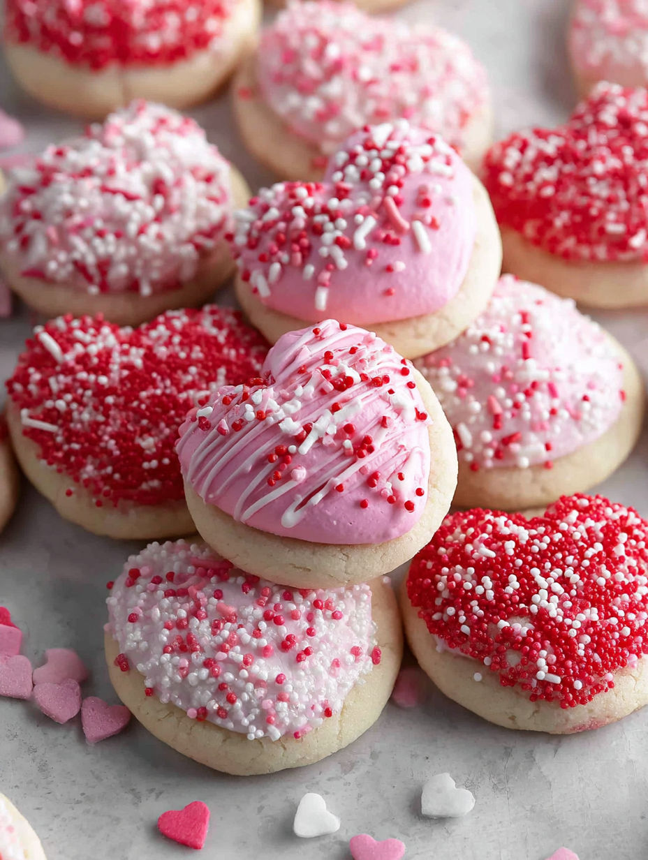 A plate of heart-shaped cookies with pink frosting and red sprinkles.
