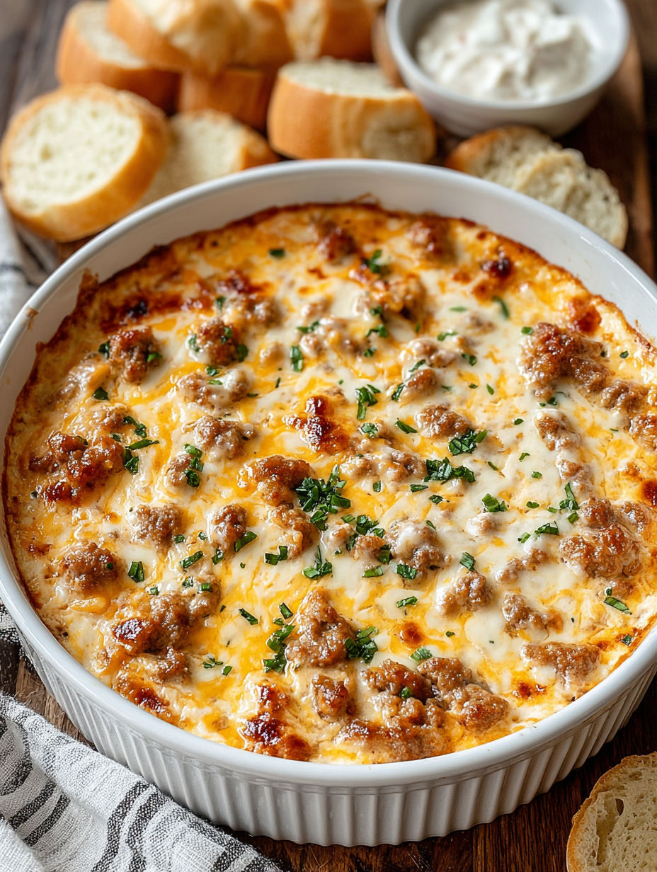 A creamy sausage and cheddar cheese dip in a white bowl.