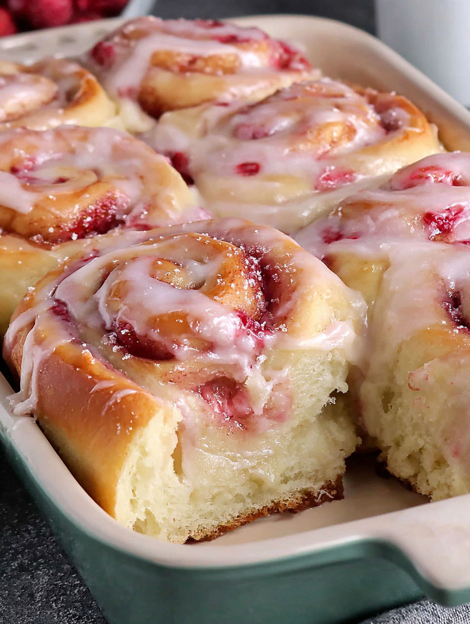 A pan of cinnamon rolls with strawberries on top.