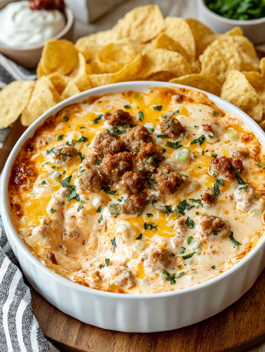 A bowl of creamy sausage and cheddar cheese dip.