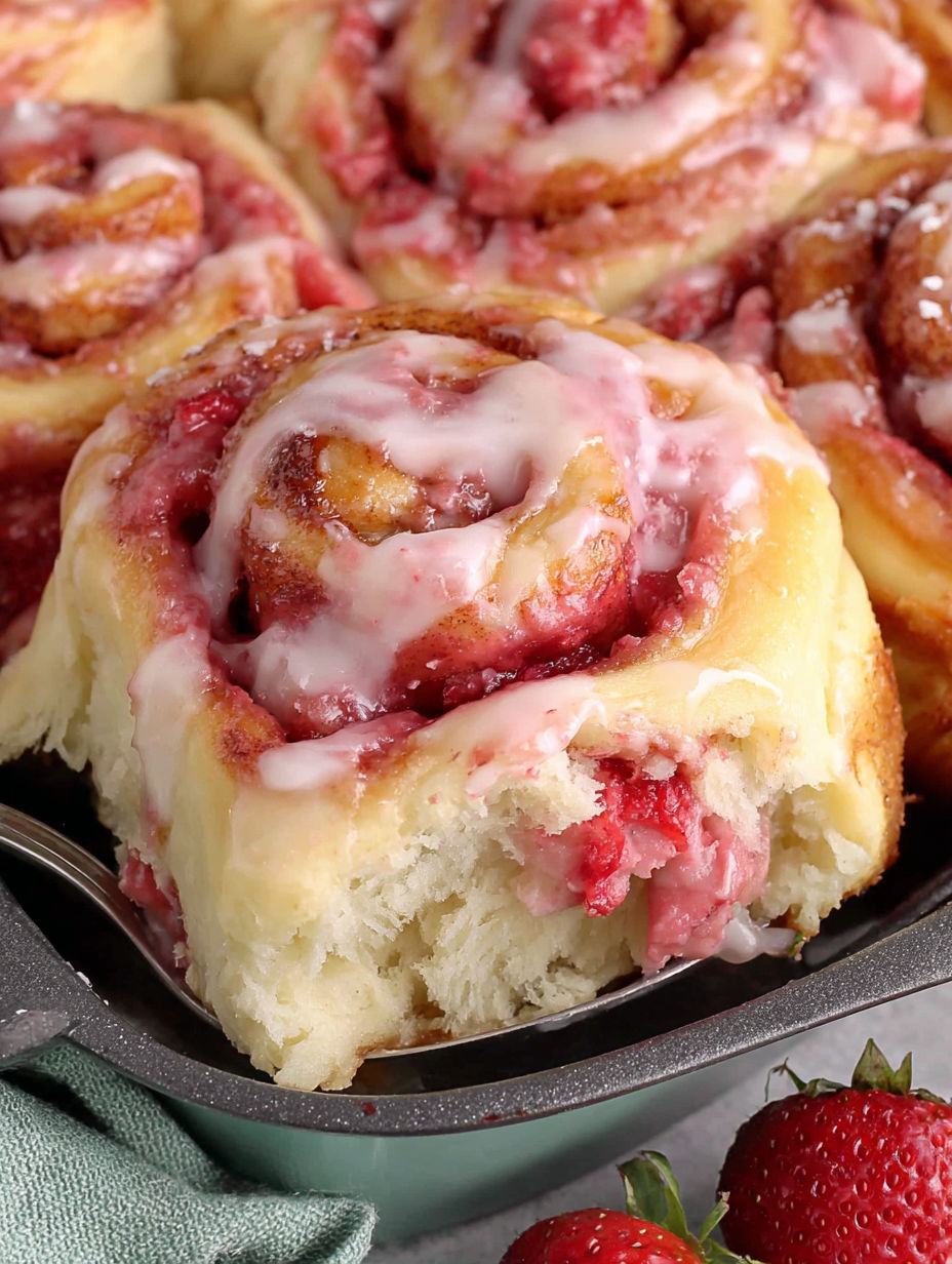 A plate of cinnamon rolls with strawberry filling.