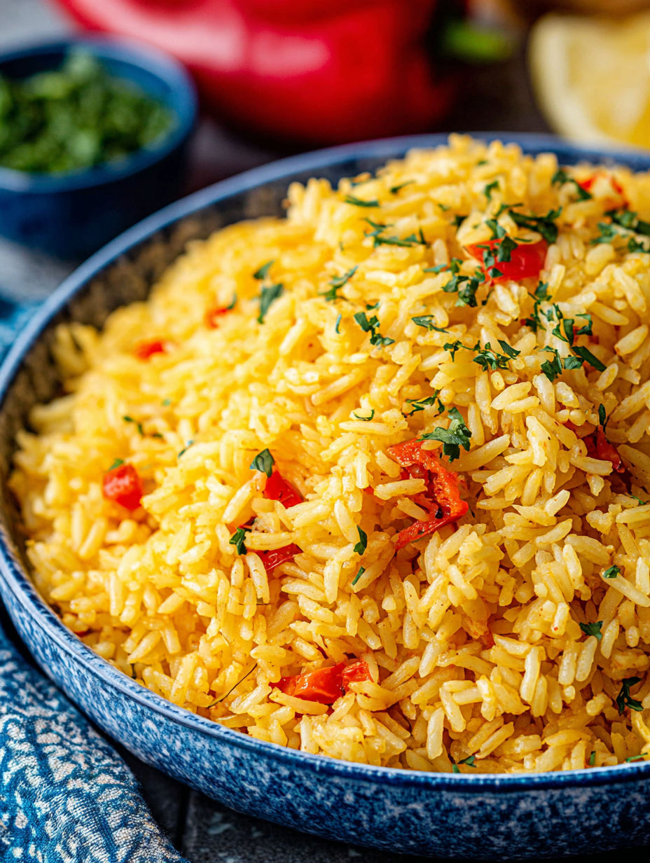 A bowl of rice with tomatoes and herbs.