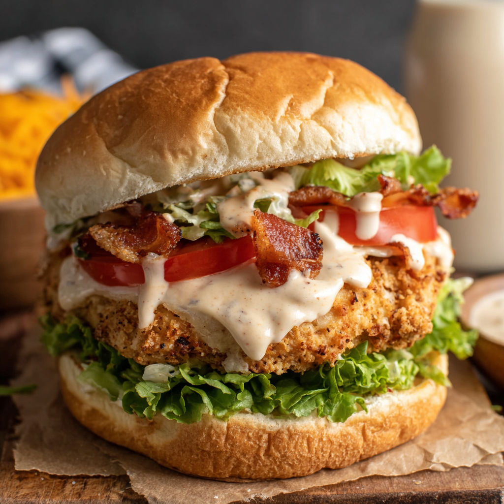 A Crack Chicken Burger Recipe with lettuce, tomato, bacon, and ranch dressing.