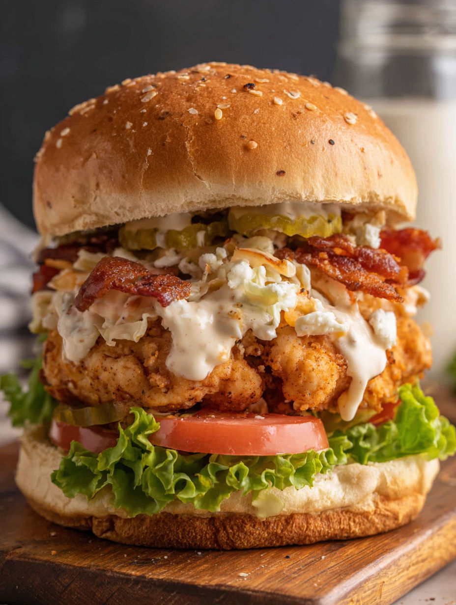 A large hamburger with lettuce, tomato, and bacon.