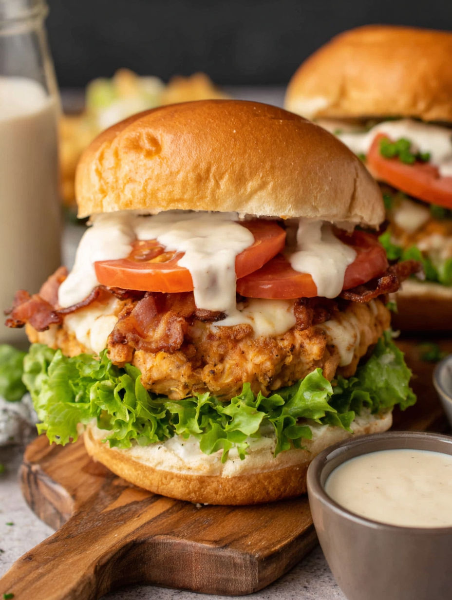 A burger with tomatoes, lettuce, and bacon.