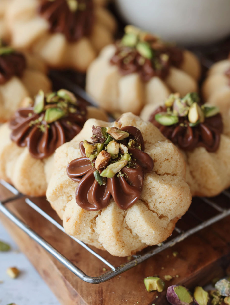 A cookie with chocolate and almonds on top.