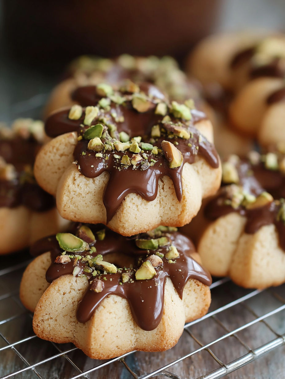 A close up of a cookie with chocolate drizzled on top.