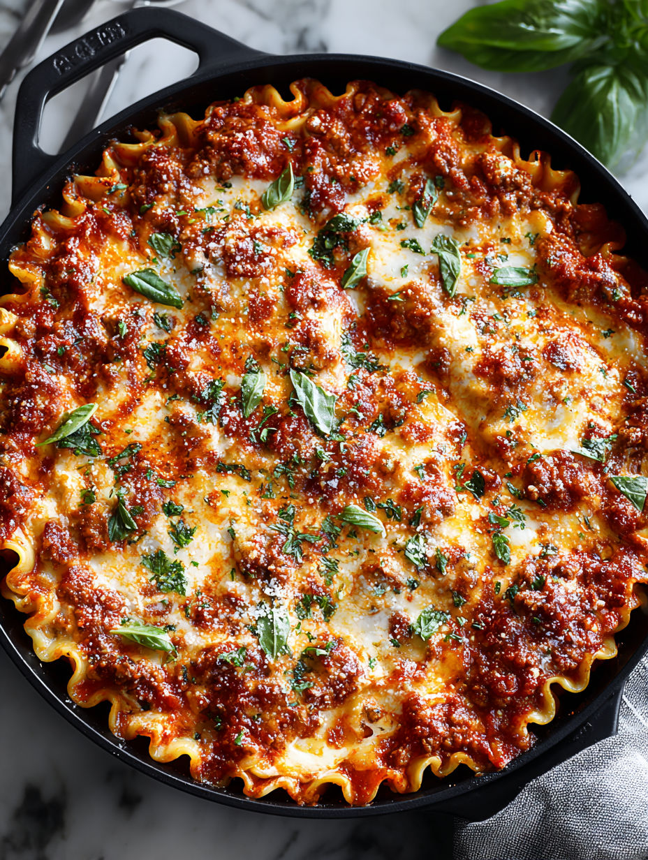 A skillet filled with lasagna.