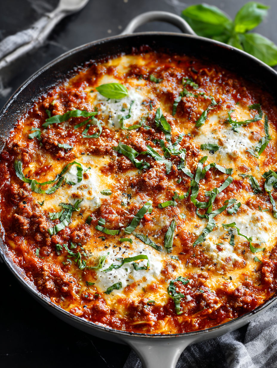 A skillet lasagna with cheese and spinach.