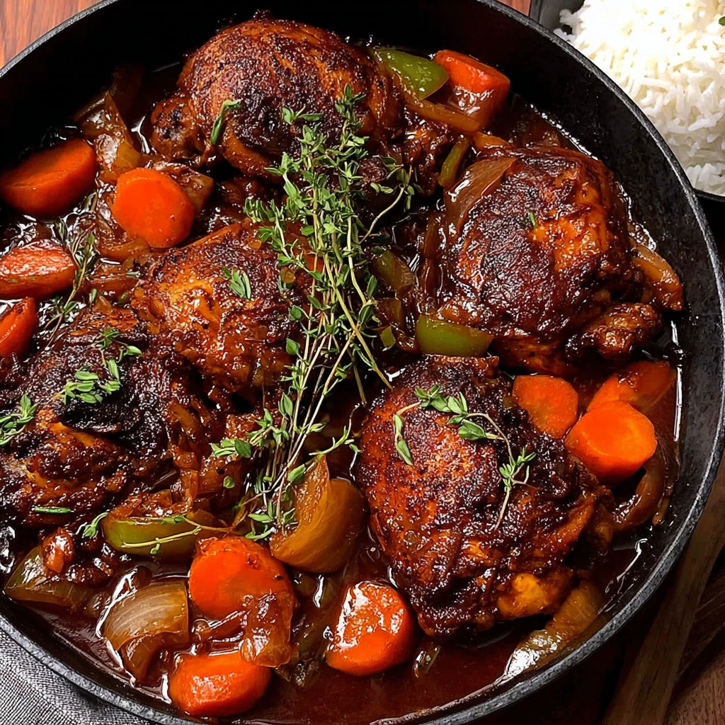 A close up of a delicious savory Jamaican brown stew chicken.