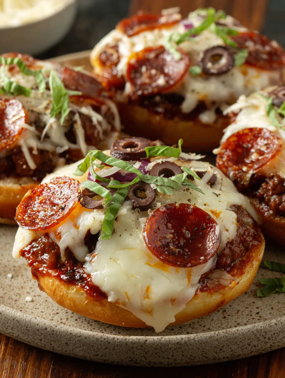 A plate of pizza burgers with cheese and olives.