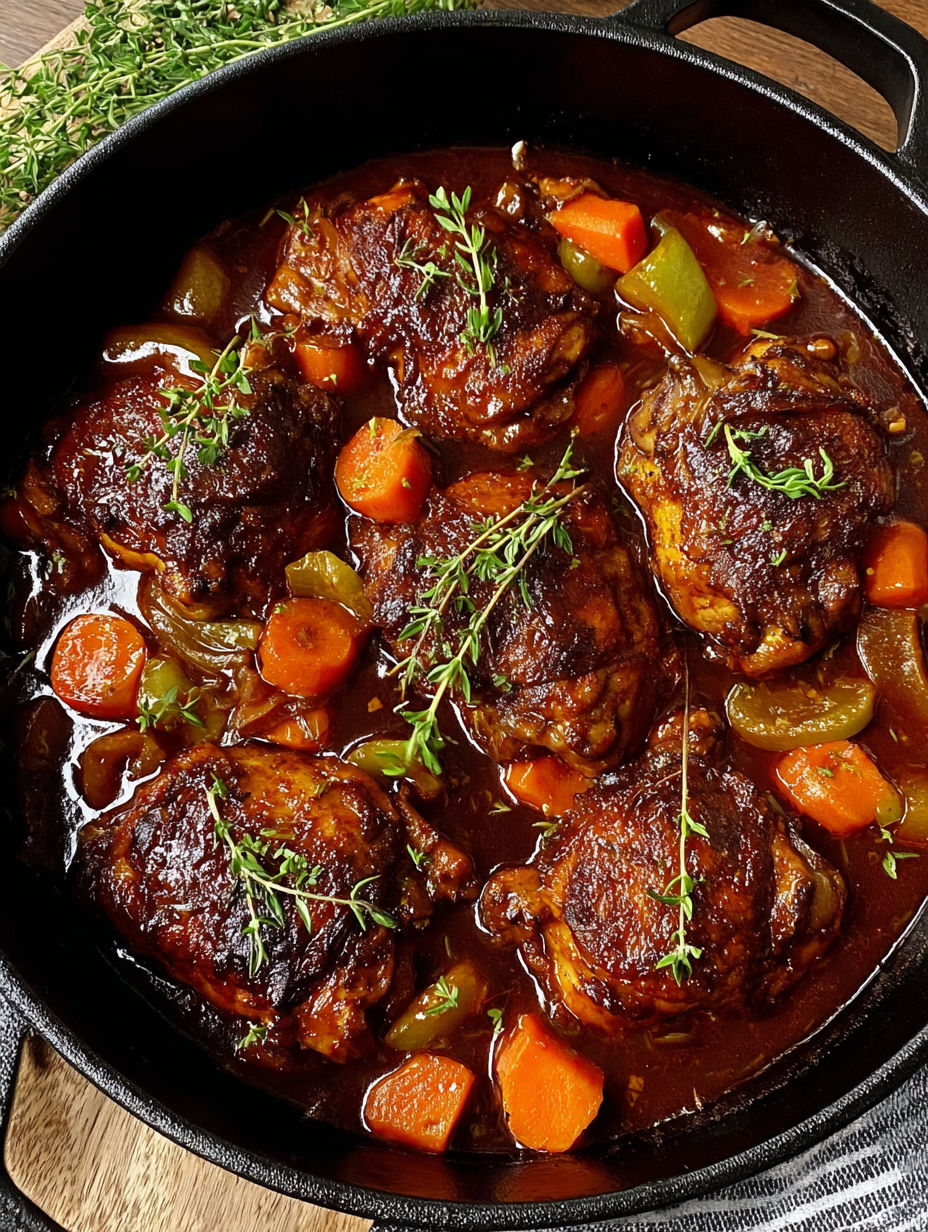 A close up of a delicious savory Jamaican brown stew chicken.