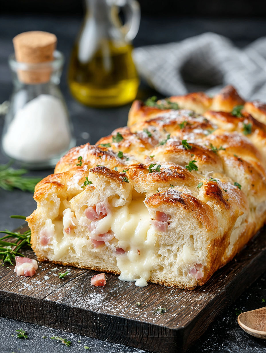 A loaf of bread with cheese and herbs on top.