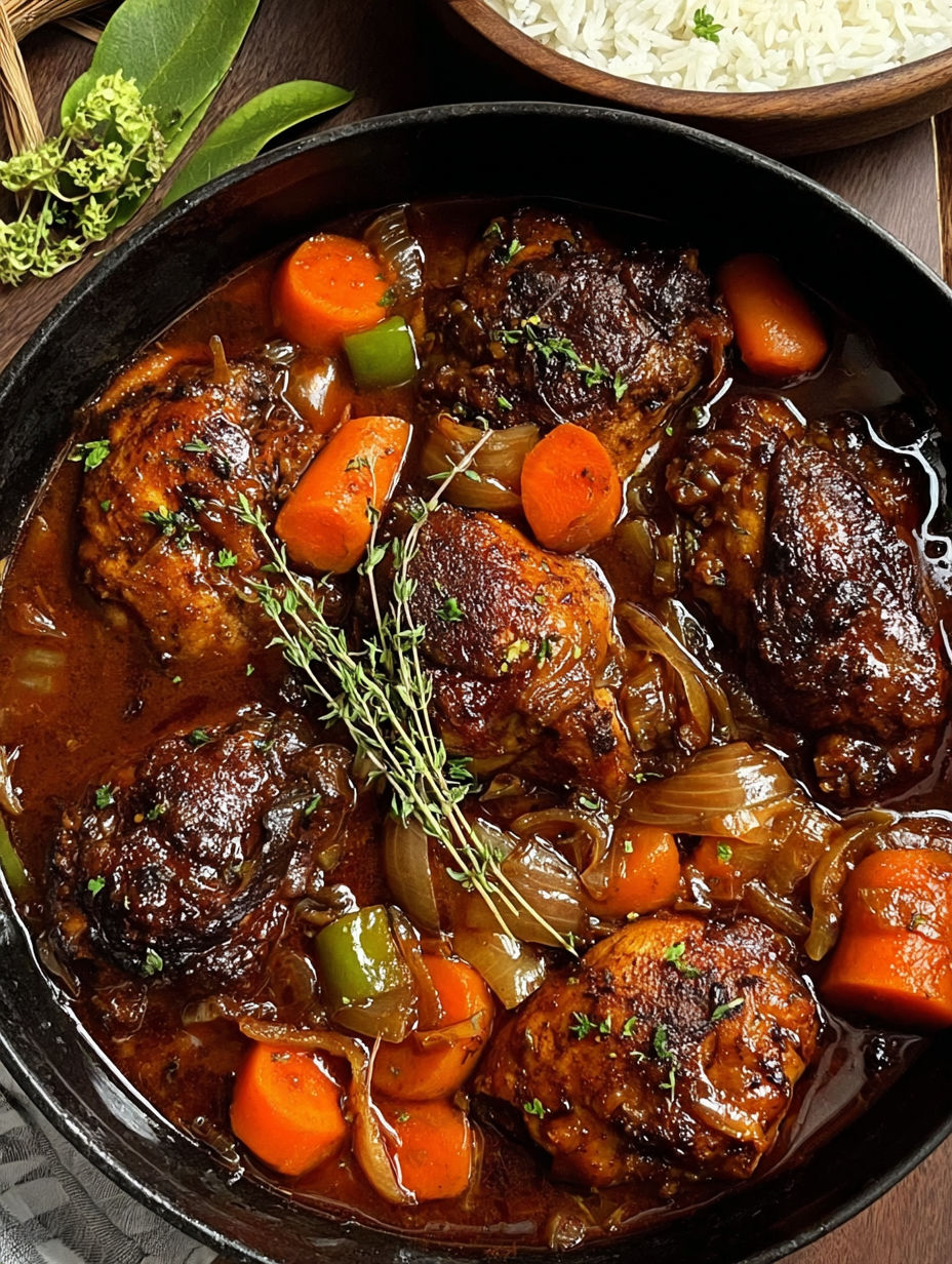 A close up of a savory Jamaican brown stew chicken.