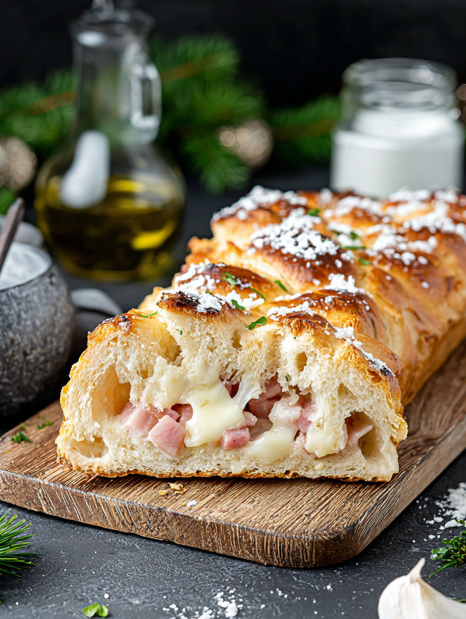 A loaf of bread with cheese and ham on it.