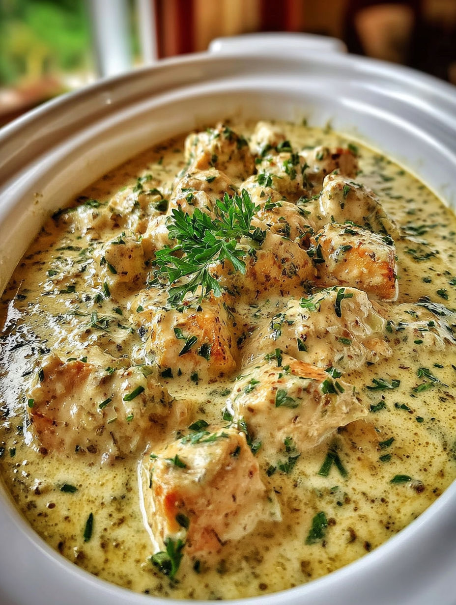 A bowl of food with a green herb on top.