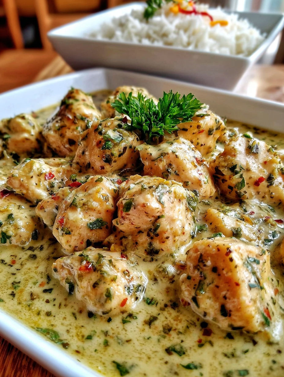 A plate of food with a green garnish.