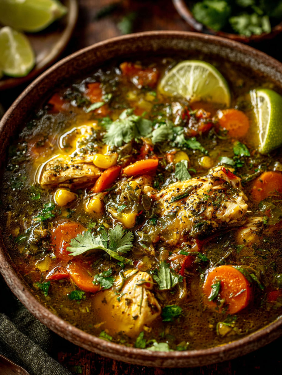 A bowl of soup with chicken, carrots, and limes.