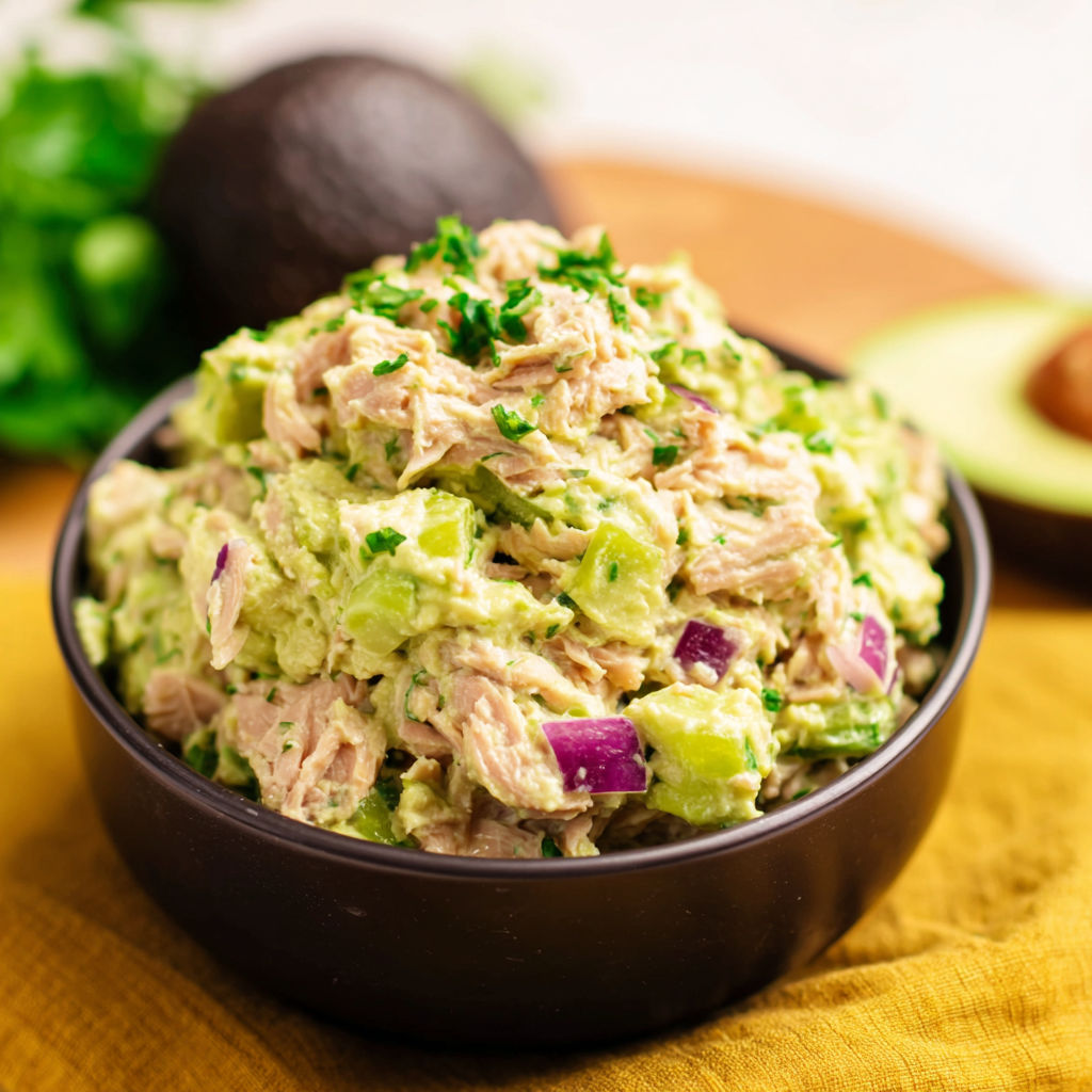 A bowl of creamy avocado tuna salad.