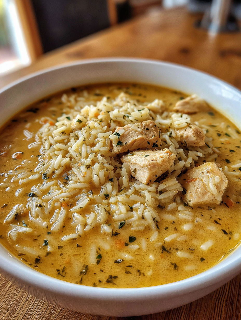 A bowl of soup with rice and chicken.