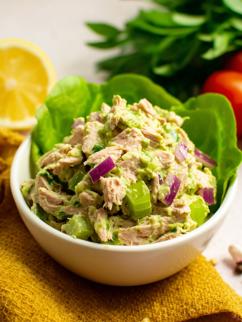 A bowl of creamy avocado tuna salad.