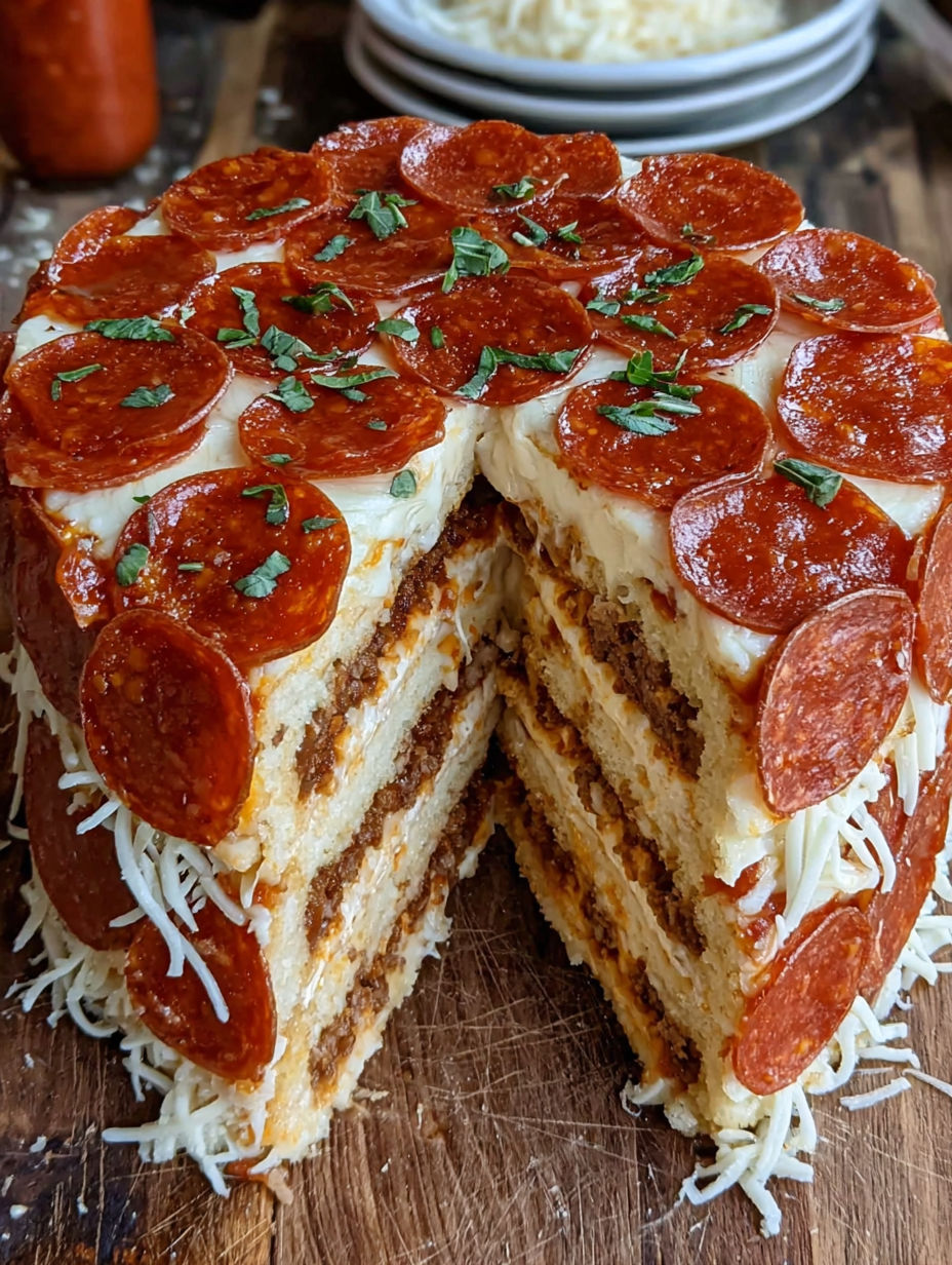 A slice of pepperoni pizza layer cake.