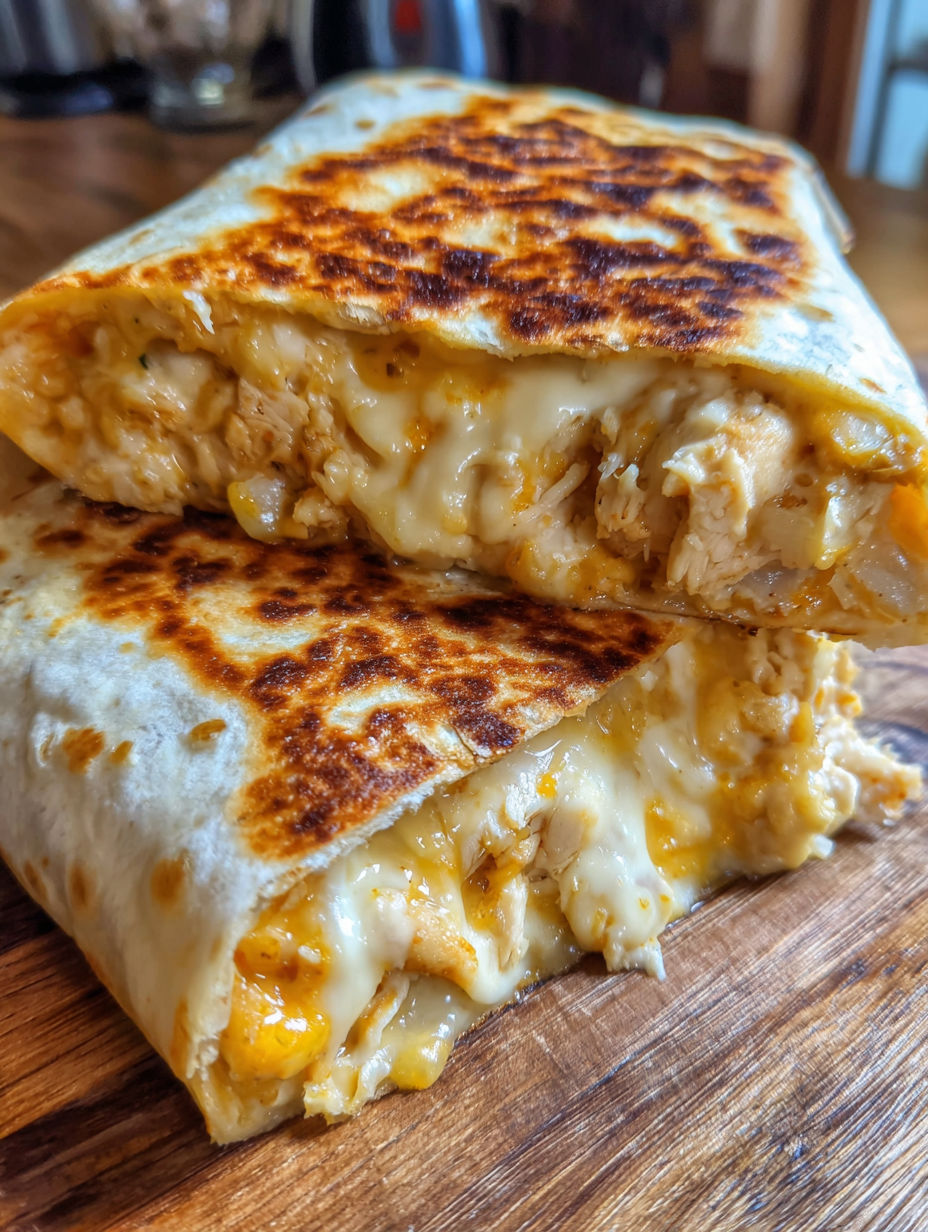 A burrito with chicken and cheese.