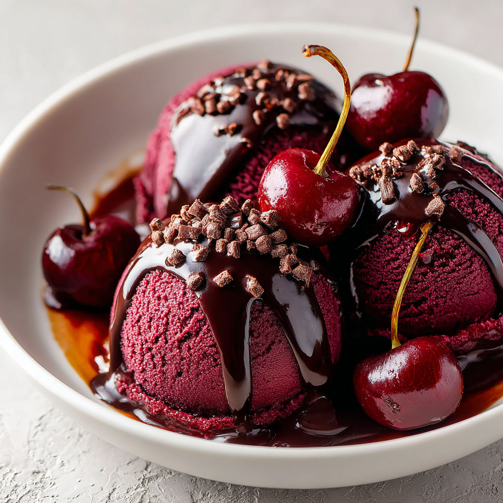 A bowl of red wine ice cream with dark chocolate sauce and cherries.