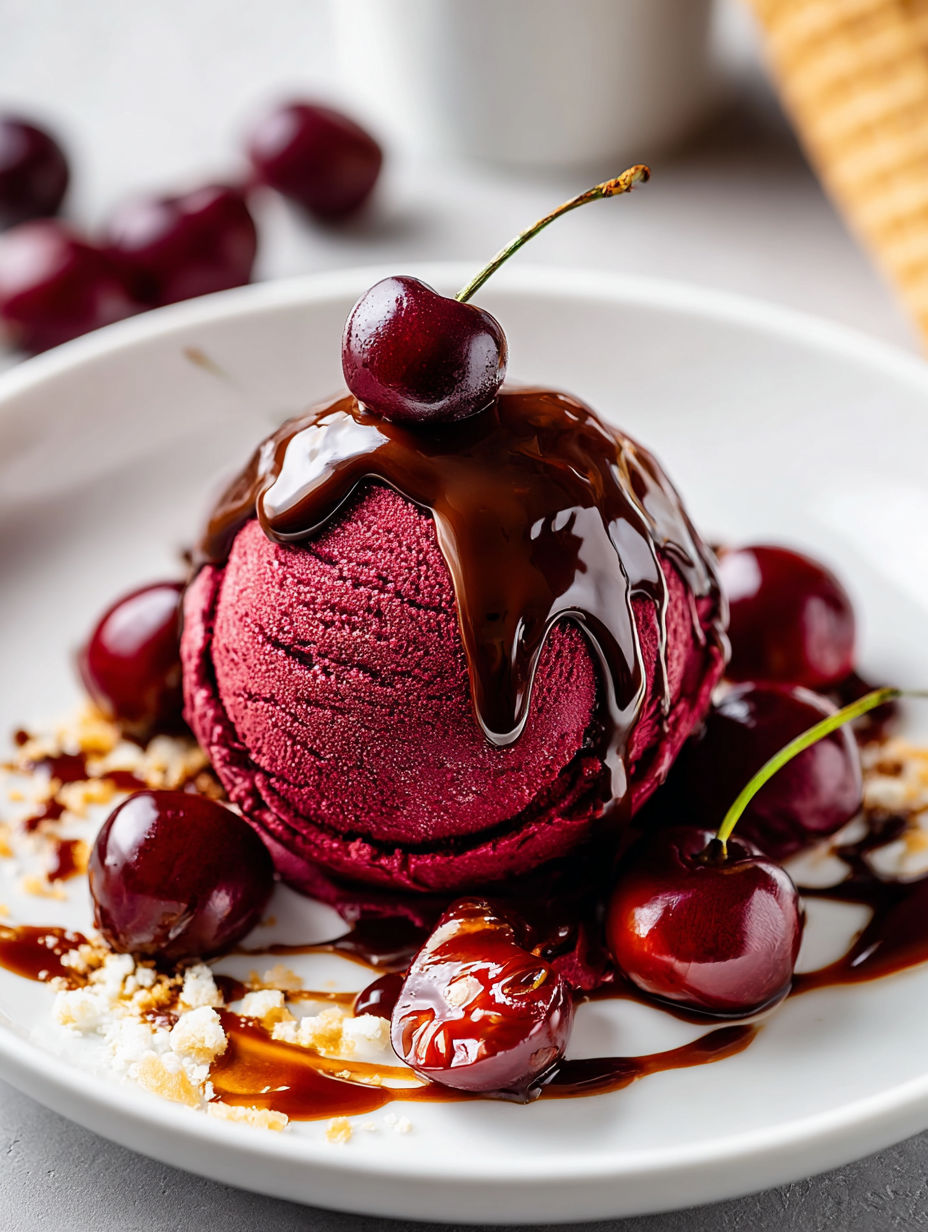 A red wine ice cream dessert with dark chocolate sauce and cherries.